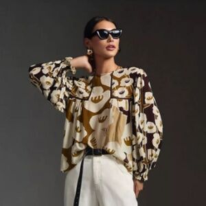 Anthropologie Floral Blouse in Brown and Cream